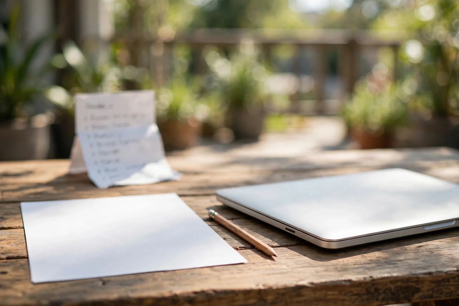 A blank sheet of paper and a pencil beside a closed laptop outdoors
