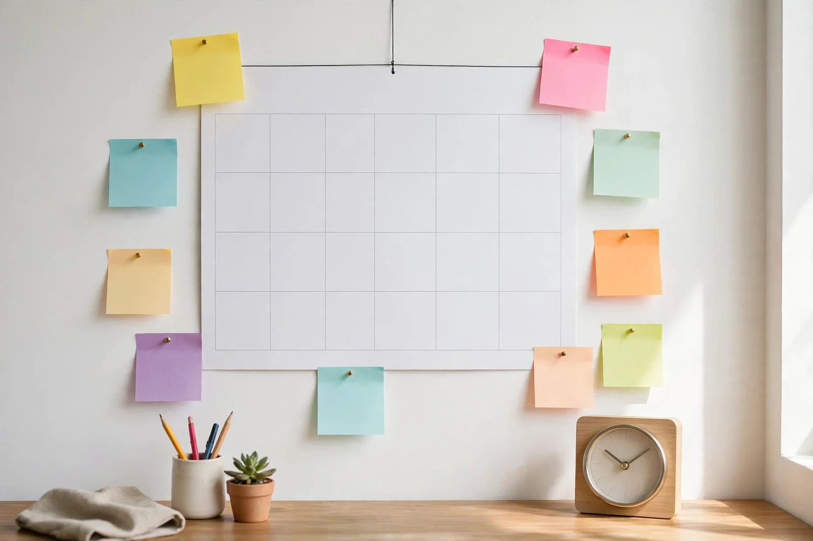 Wall calendar with colourful blank sticky notes, pencils and a wooden clock on a desk