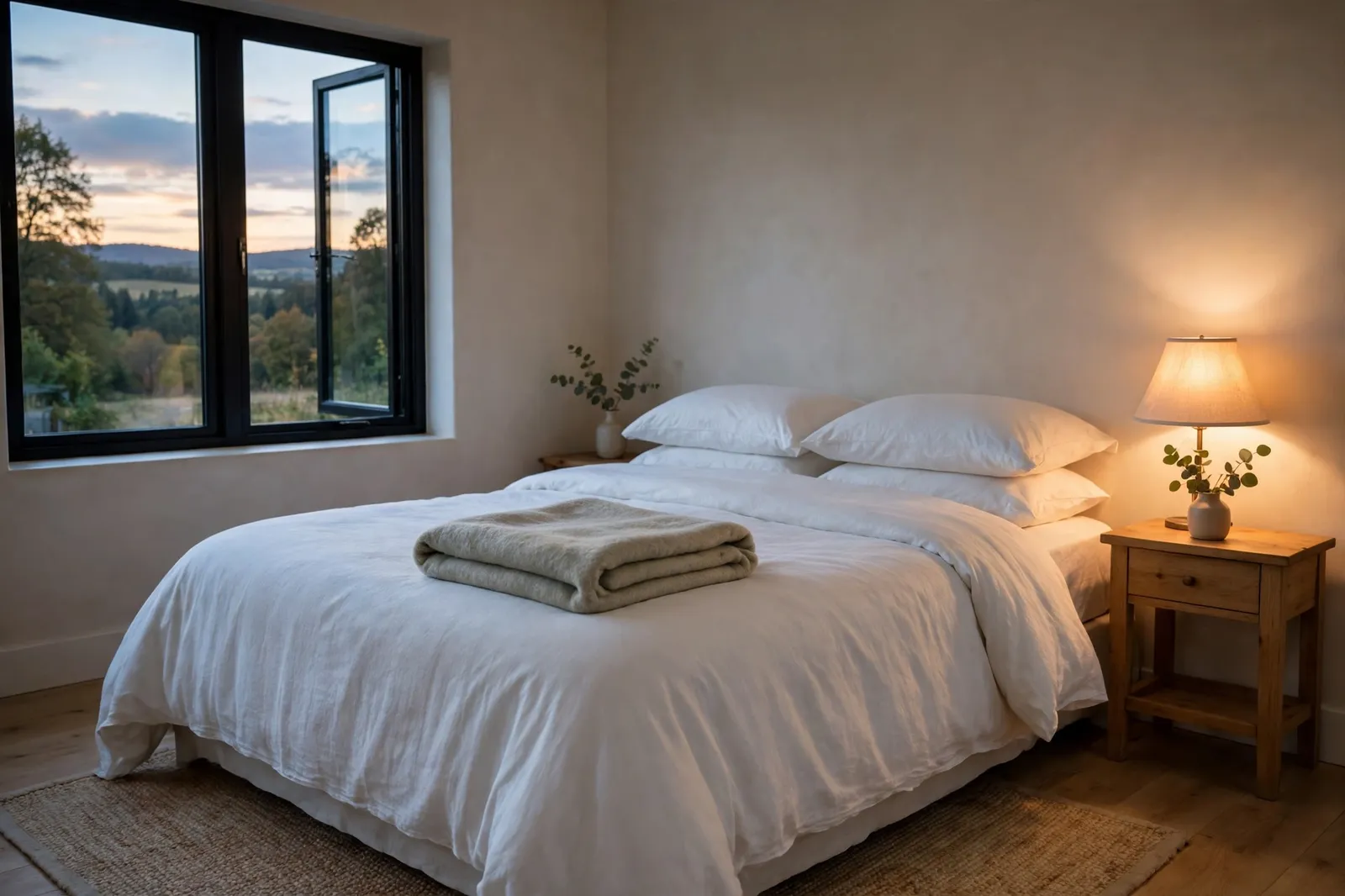 A tidy bedroom in soft evening light with a made bed and a glowing lamp
