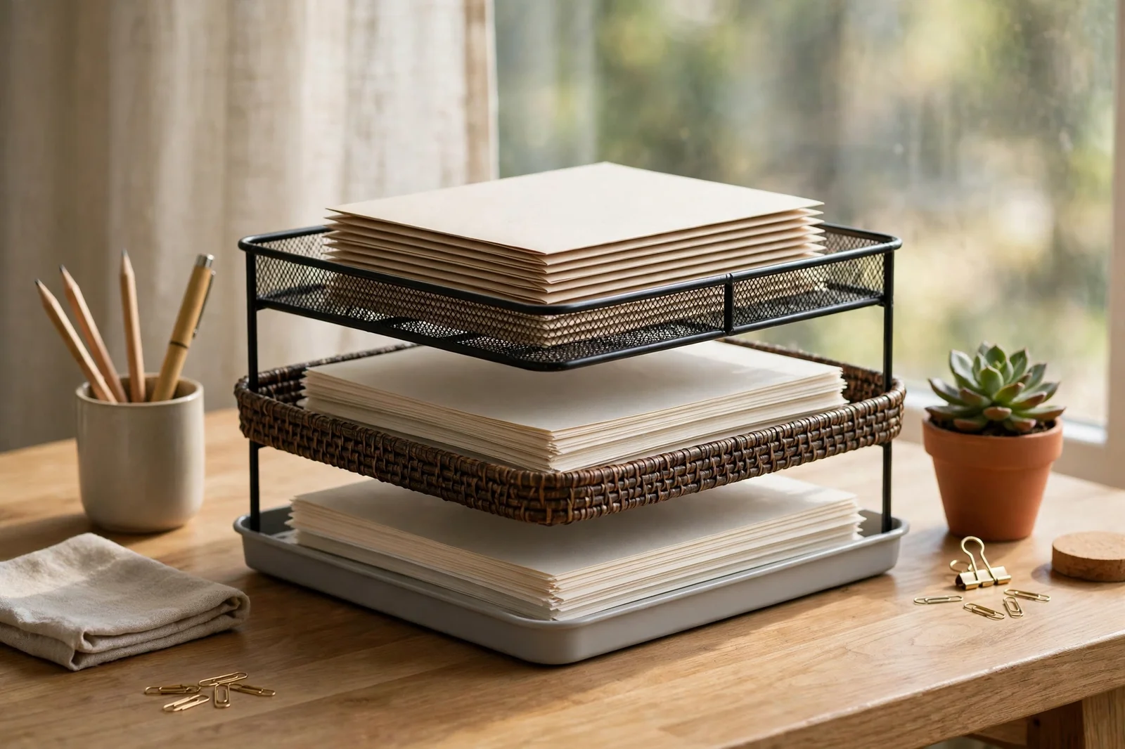 Stacked trays grouping similar papers together on a tidy desk in daylight