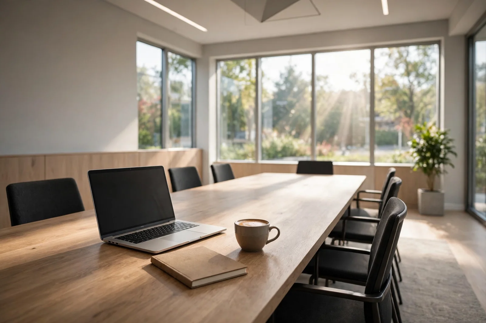 Empty bright meeting room with a long wooden table, a laptop, a notebook, and a cup of coffee