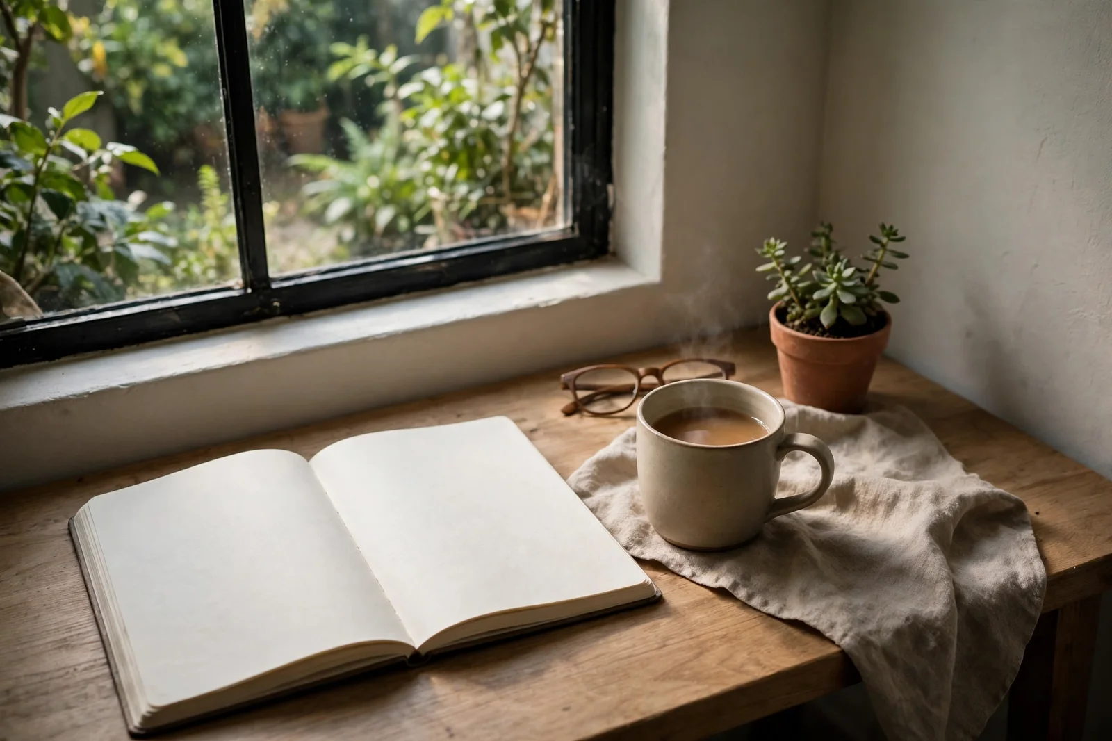 An open notebook and a mug of tea by a window with plants outside