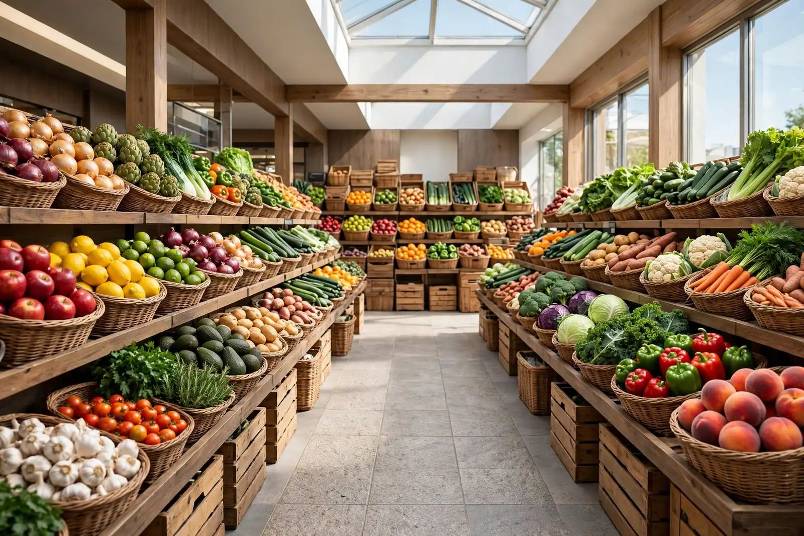 Bright grocery store produce aisle with baskets of fresh fruit and vegetables in daylight