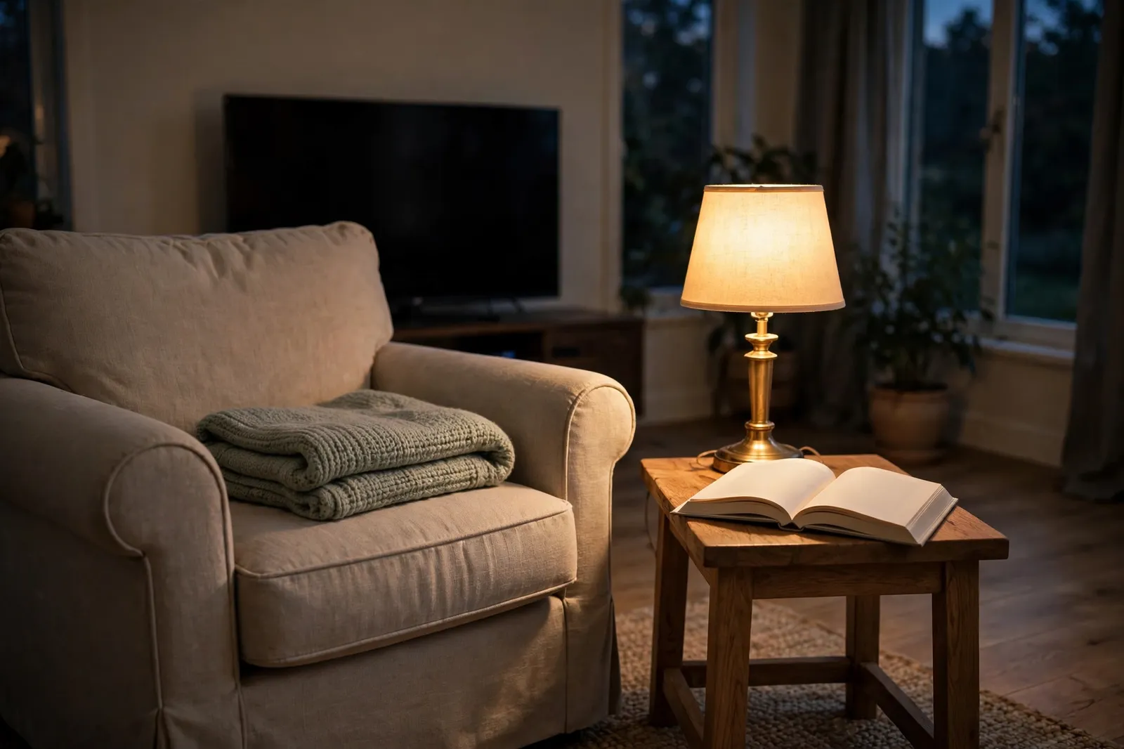 A cozy armchair with a folded blanket and an open book beside a warm lamp