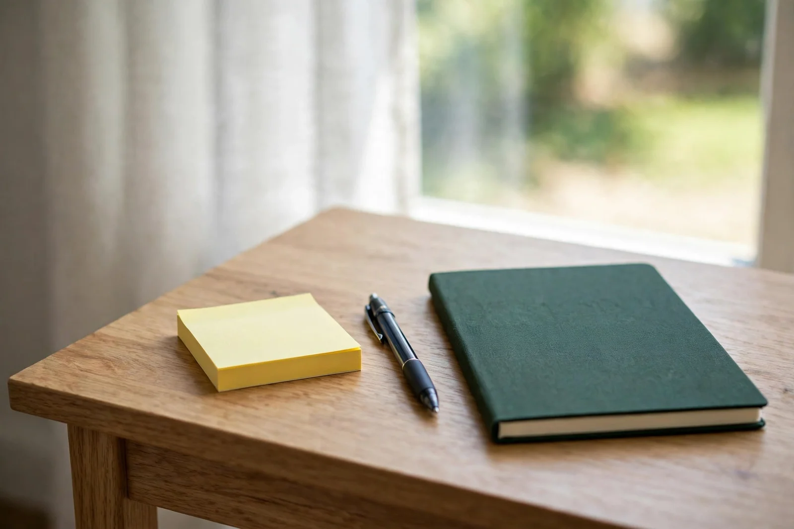 Small desk with a yellow sticky note pad, a pen and a closed notebook in bright daylight