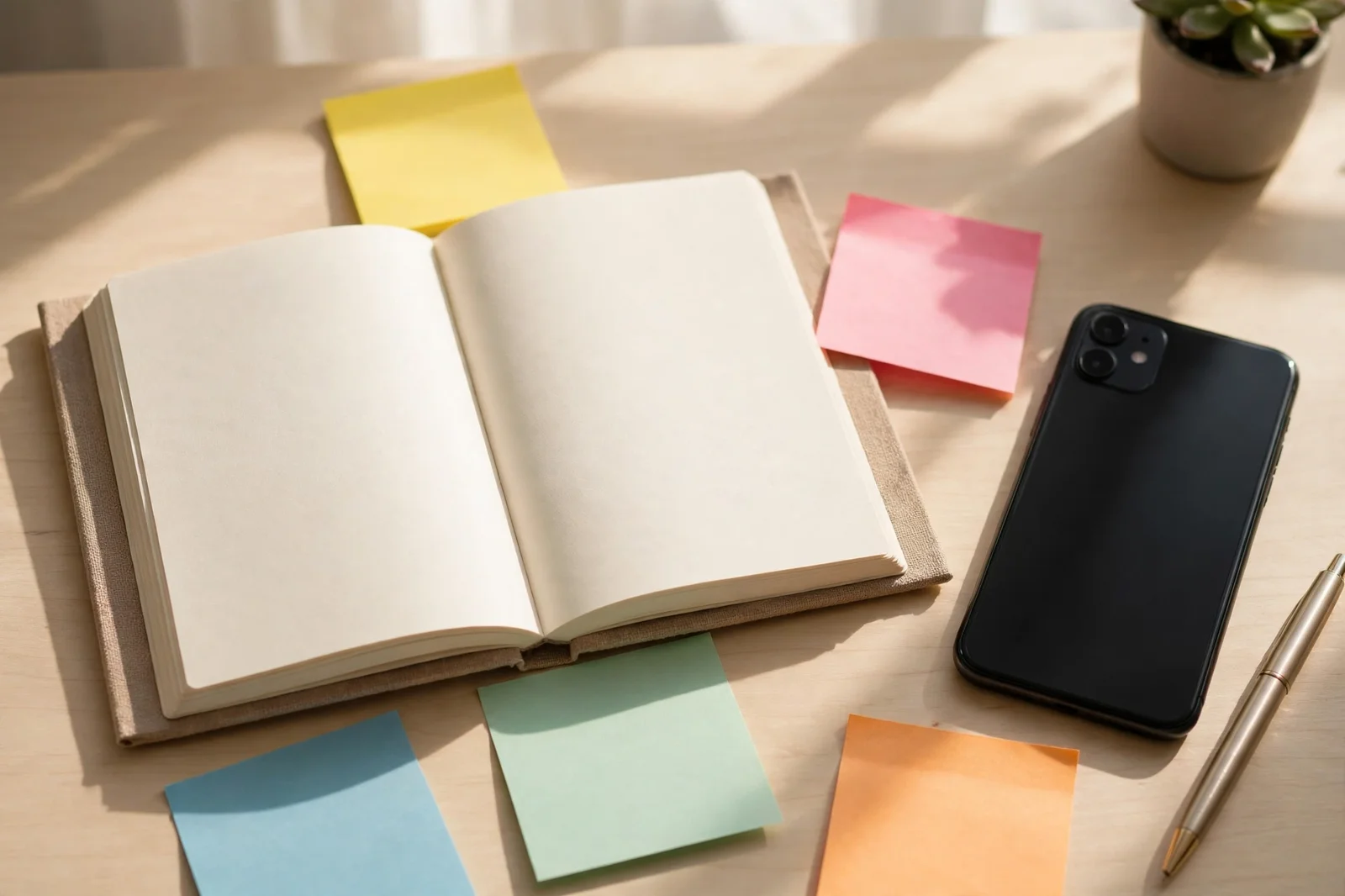 Open blank planner with colorful blank sticky notes and a smartphone on a sunny desk