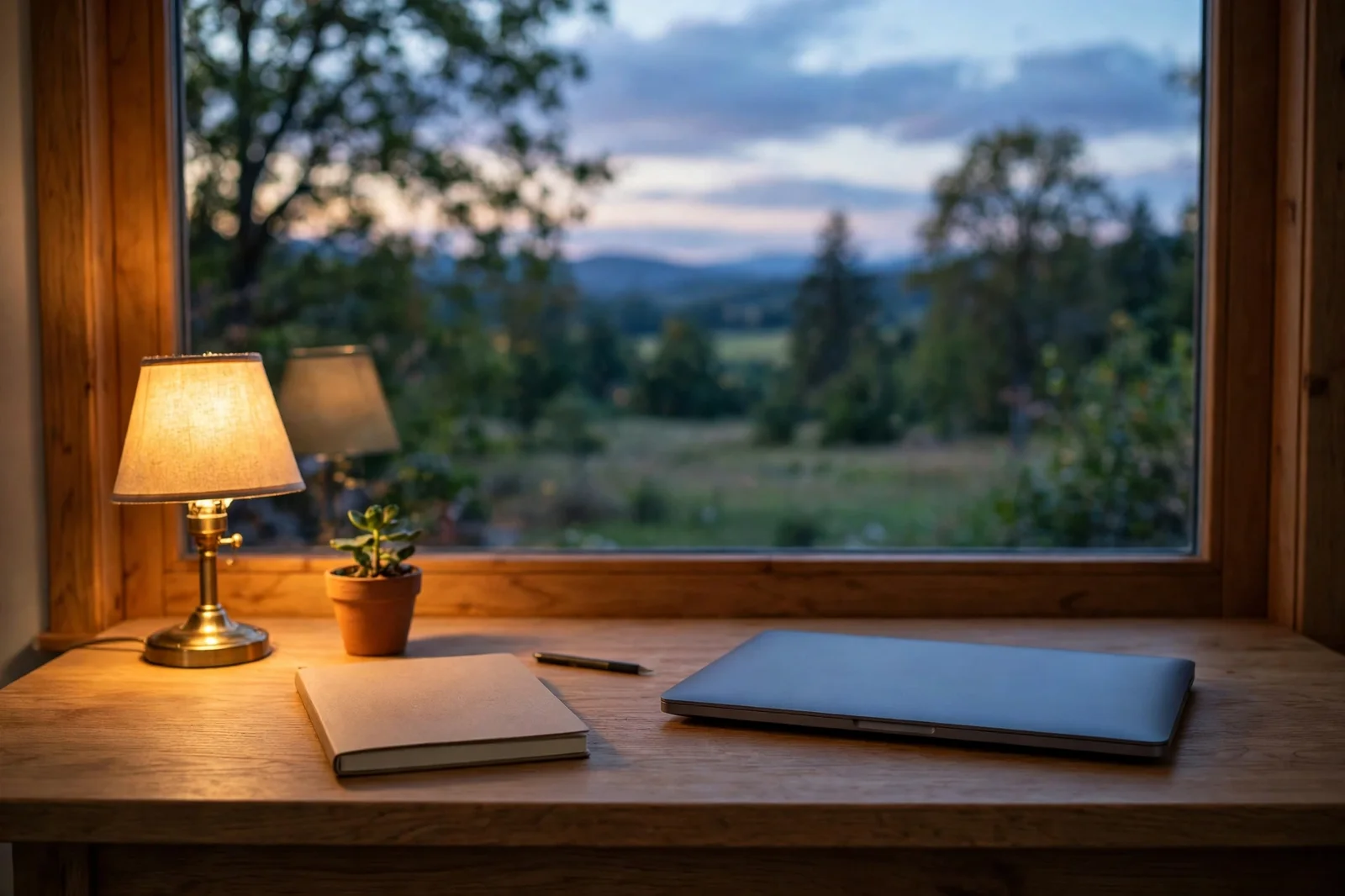A tidy desk at dusk with a closed laptop, a warm lamp, and a notebook
