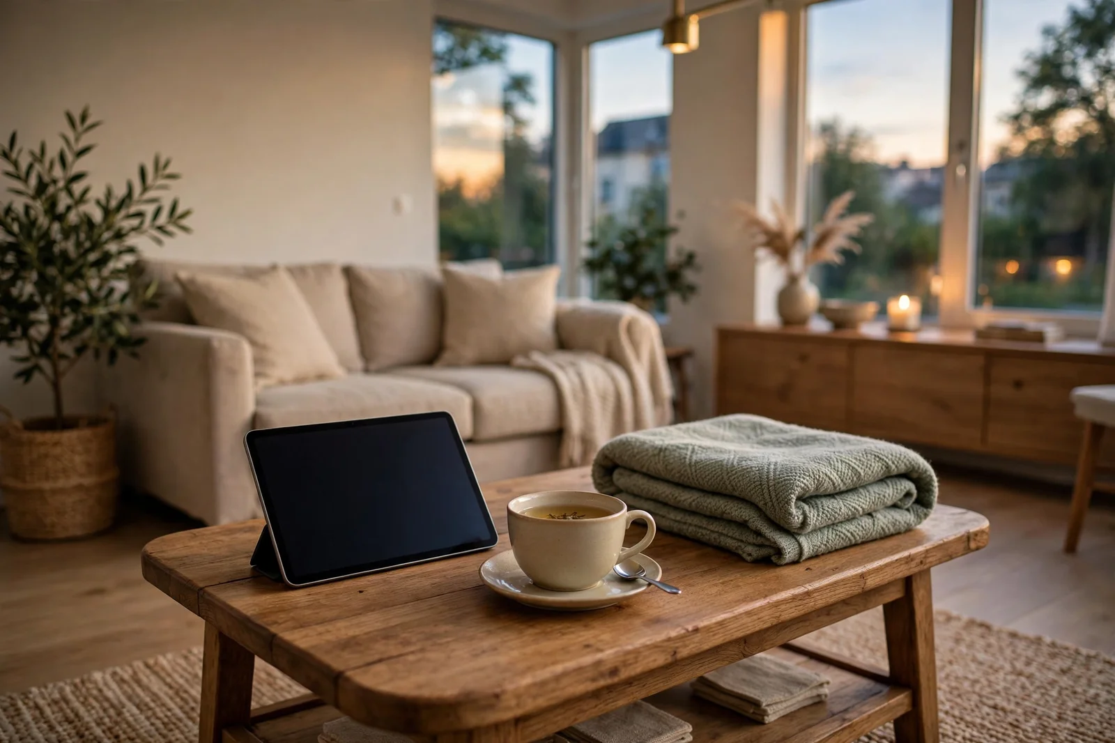 Tidy living room in warm evening light with a tablet and a cup of tea on a wooden coffee table