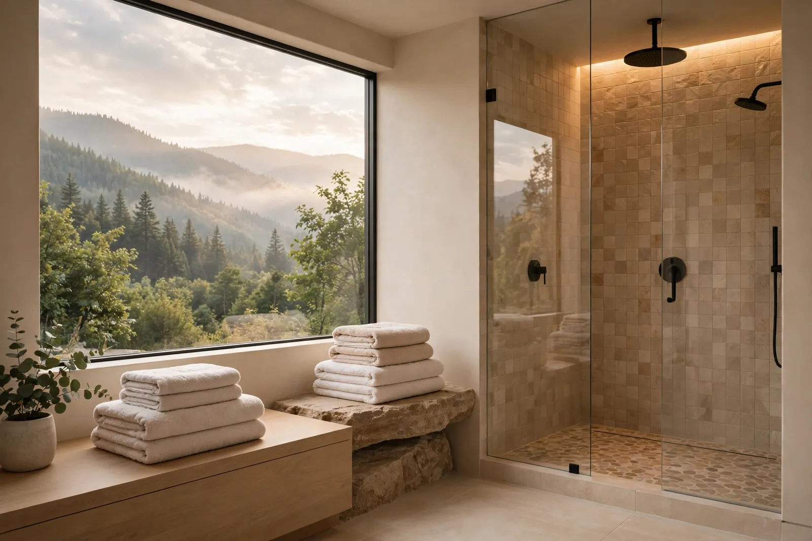 A calm bathroom with folded towels and a warm shower in soft light