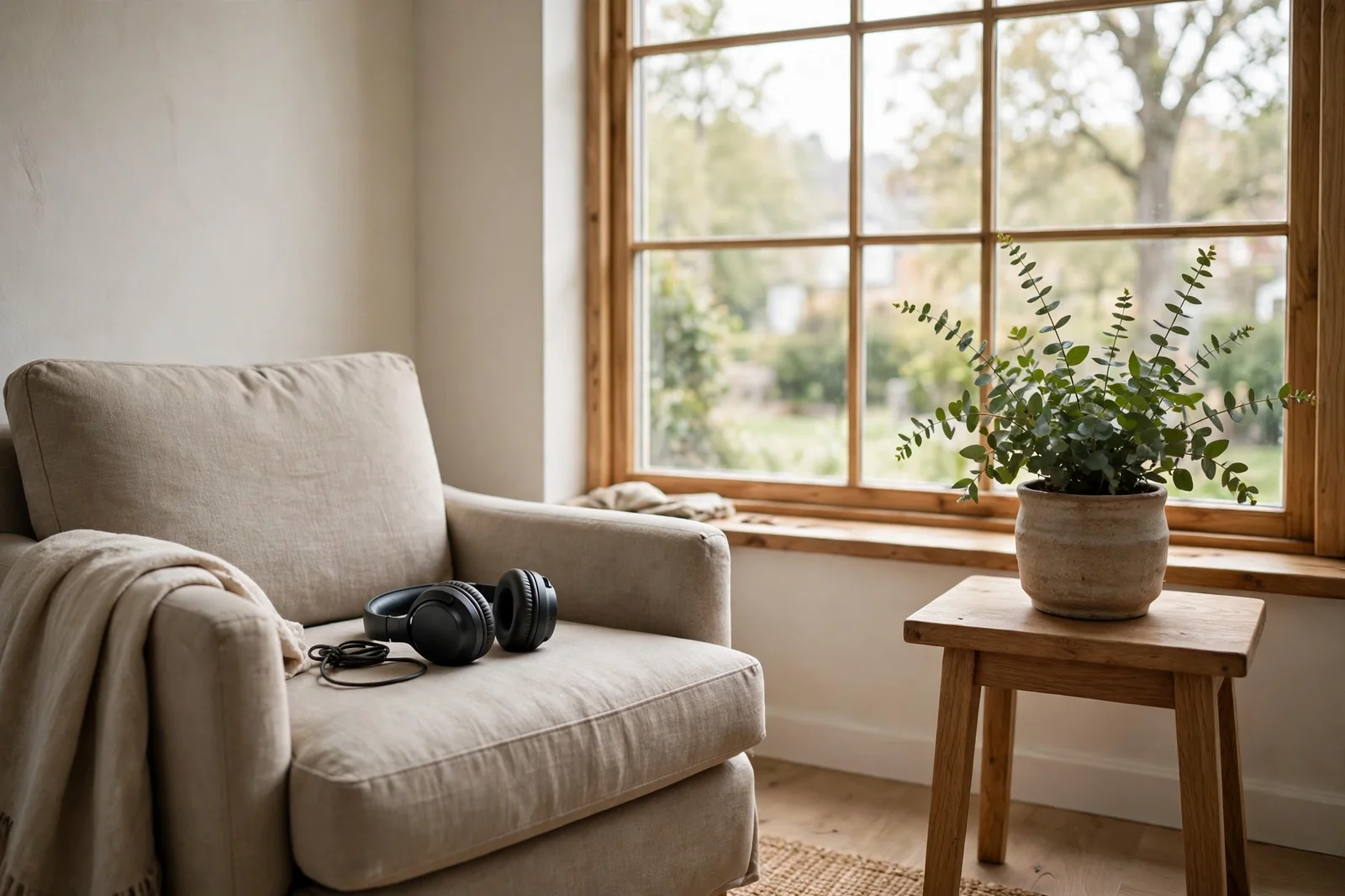 Calm reading corner with headphones resting on a chair beside a bright window and a plant