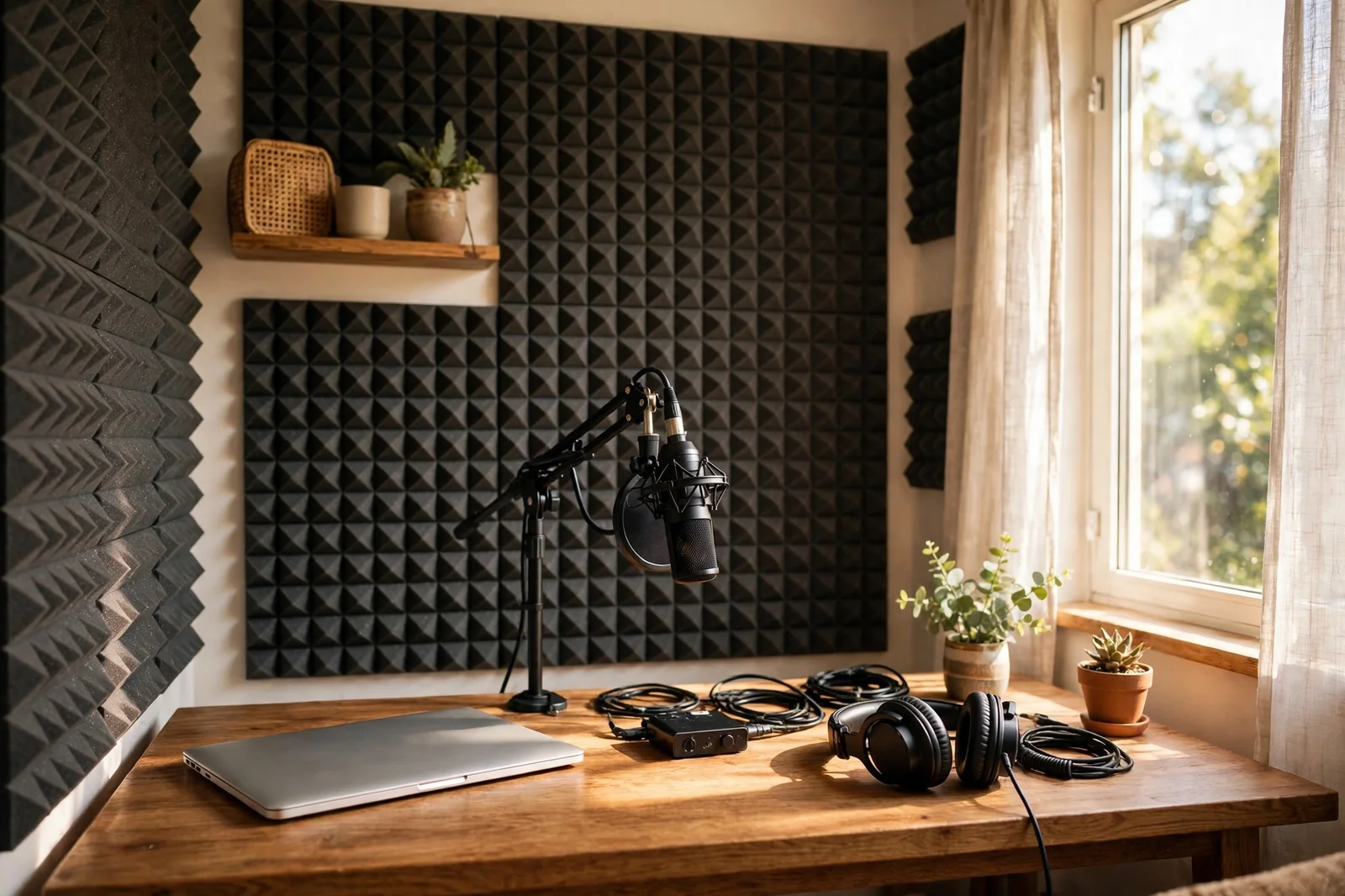 Home recording corner with a microphone on a stand, acoustic foam panels, a laptop, and headphones