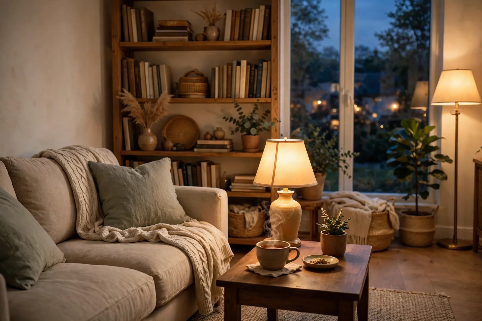 A cozy living room in the evening with a sofa, warm lamps, and tea