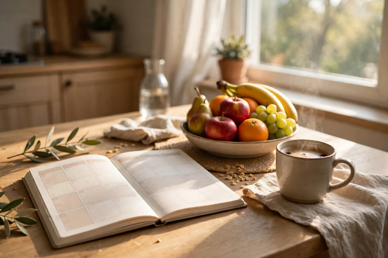 Sunny kitchen table with an open weekly planner, a bowl of fresh fruit and a mug of coffee