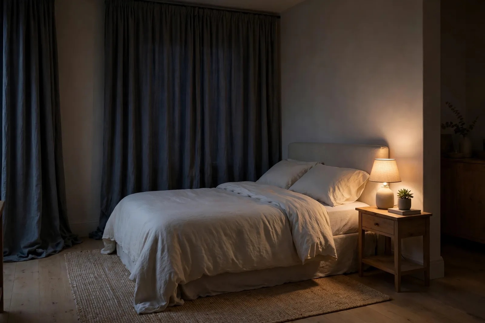 A peaceful bedroom at night with soft lamp light and drawn curtains