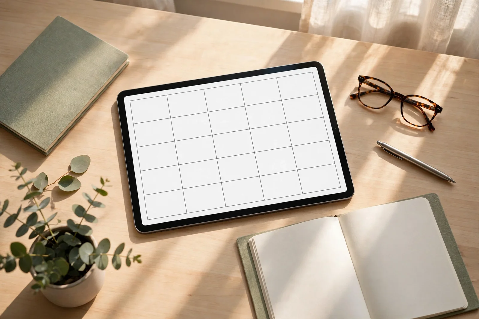 Bright desk with a tablet showing a blank calendar grid and a notebook in morning sunlight