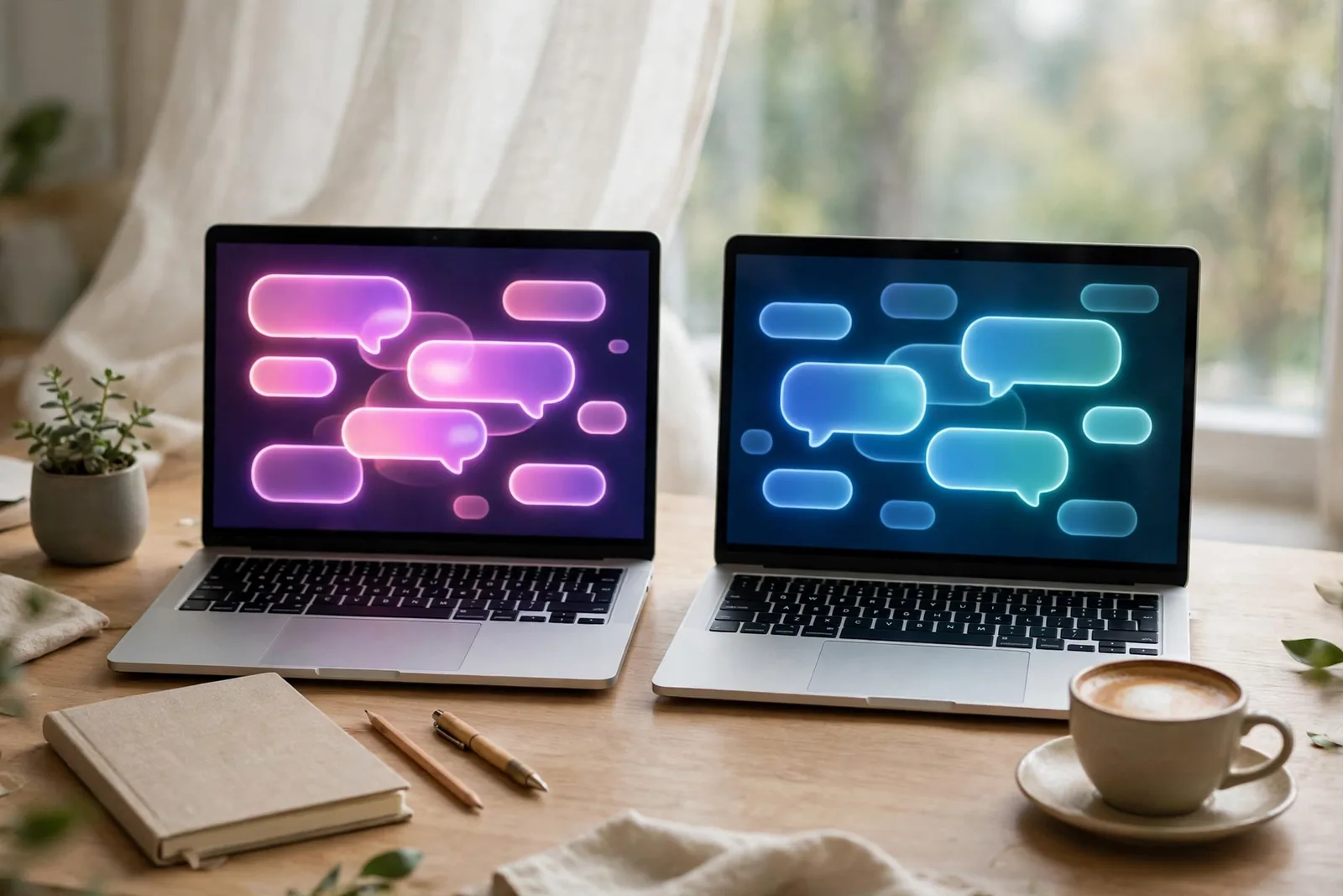 Two laptops side by side comparing two AI chatbots