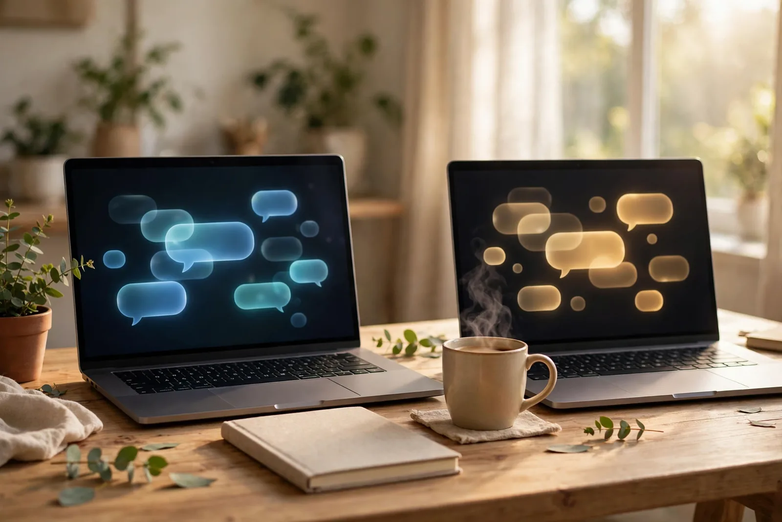 Two laptops on a desk showing glowing abstract chat screens side by side