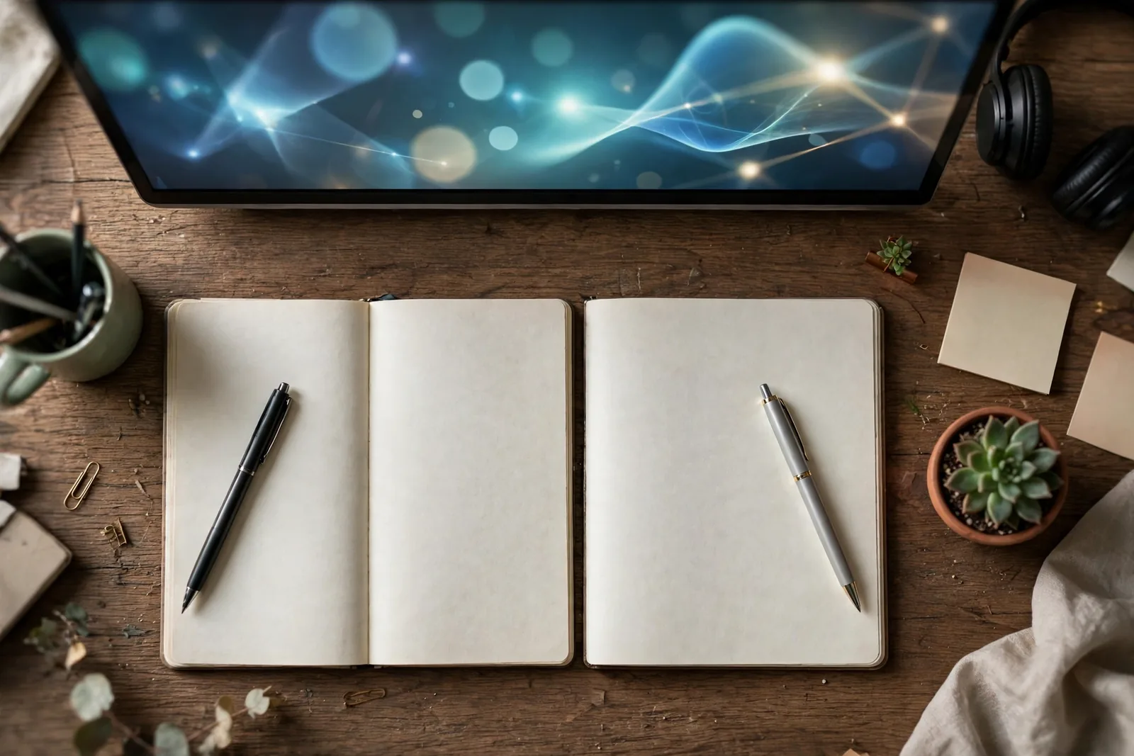 Two open notebooks side by side on a desk, a choice between two tools