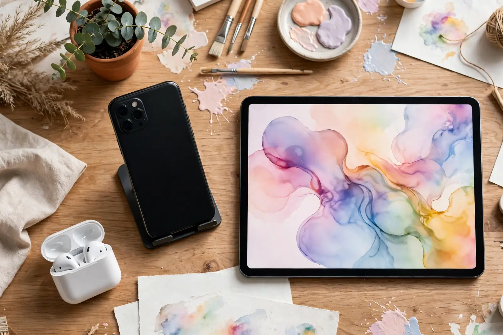 A creative desk with a phone on a stand, earbuds and a tablet with abstract colors