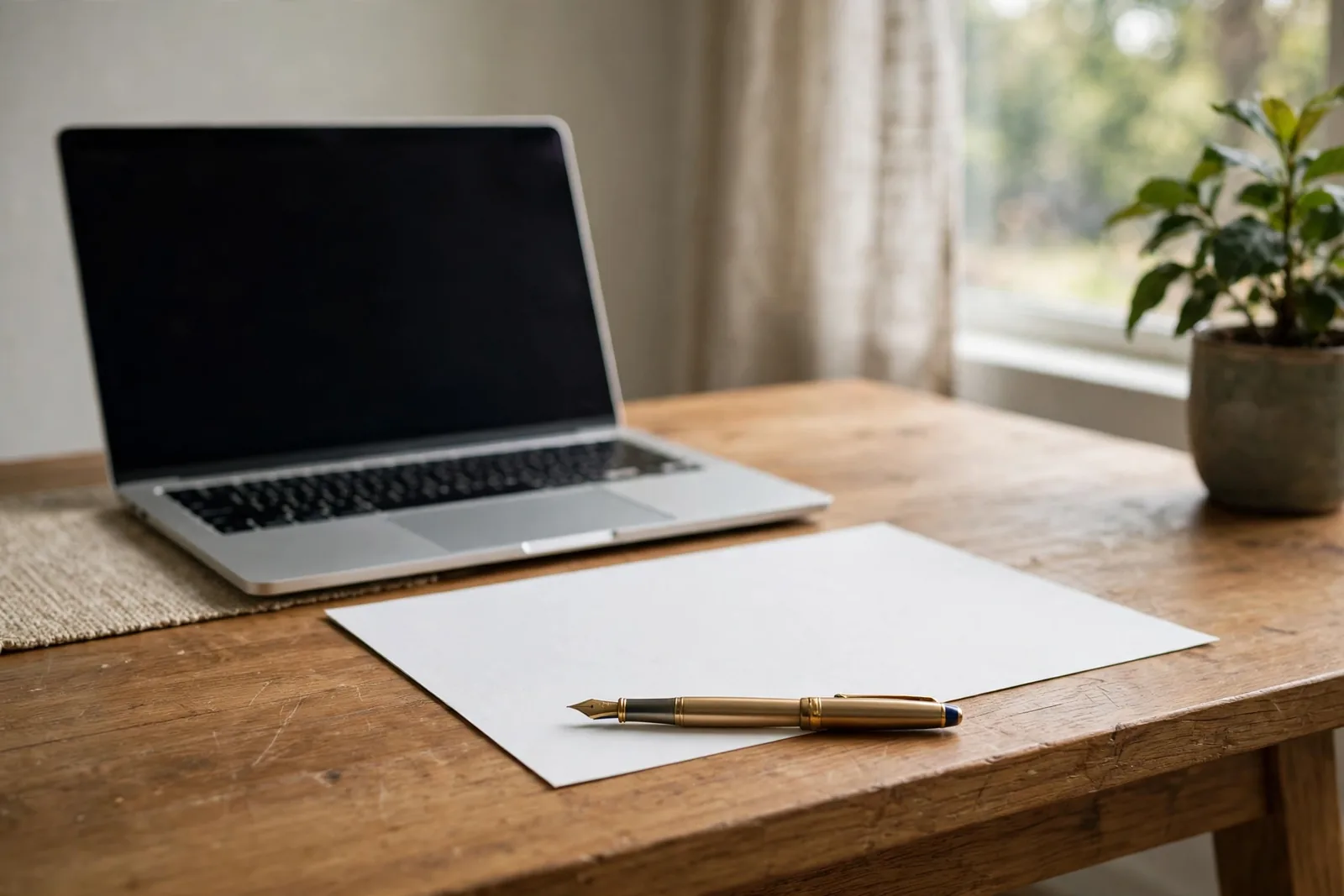 A quiet writing desk with a laptop and blank paper