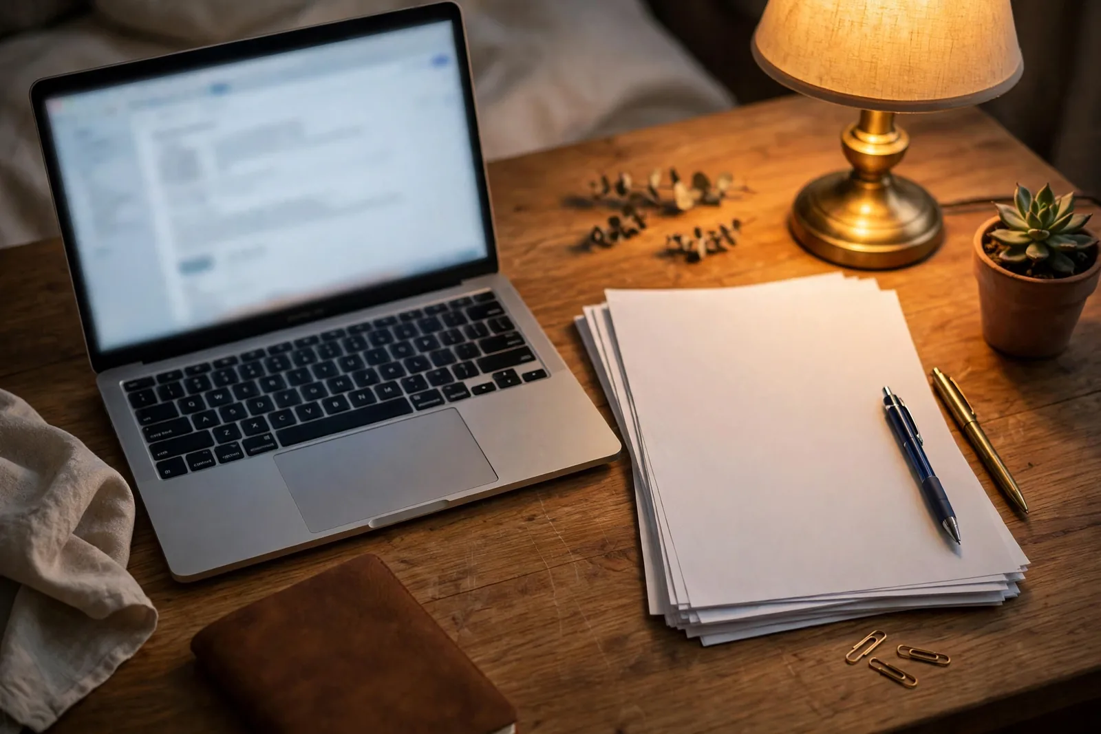 A writing desk with a laptop showing a blurred email draft and printed pages